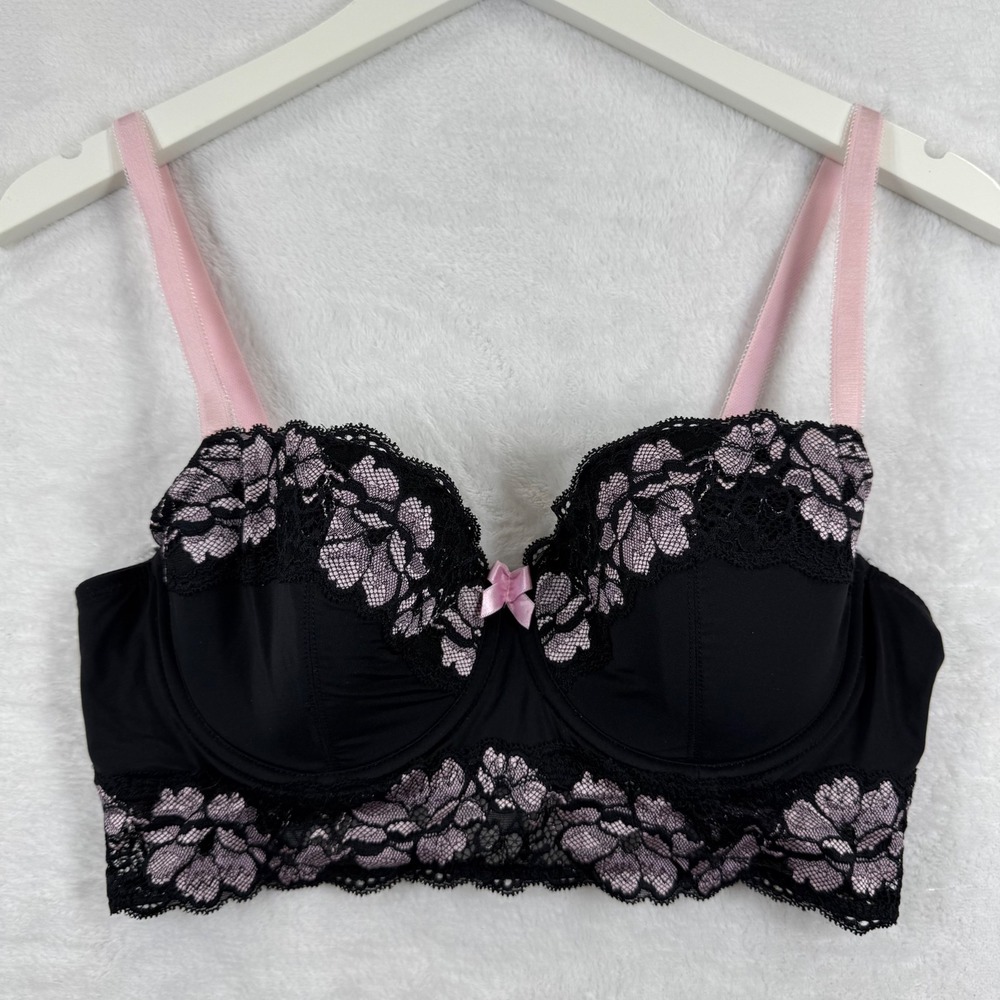 Adore Me Black Pink Floral Lace Longline Balconette Bra 36C CC620111-PB15